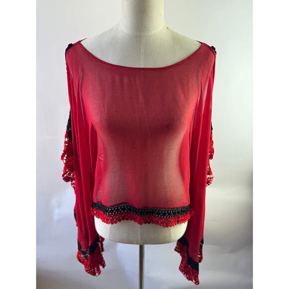 Y2K Handmade Angel Sleeve Ruby Red Black Silk Georgette Crochet Top Size Large - Picture 7 of 7